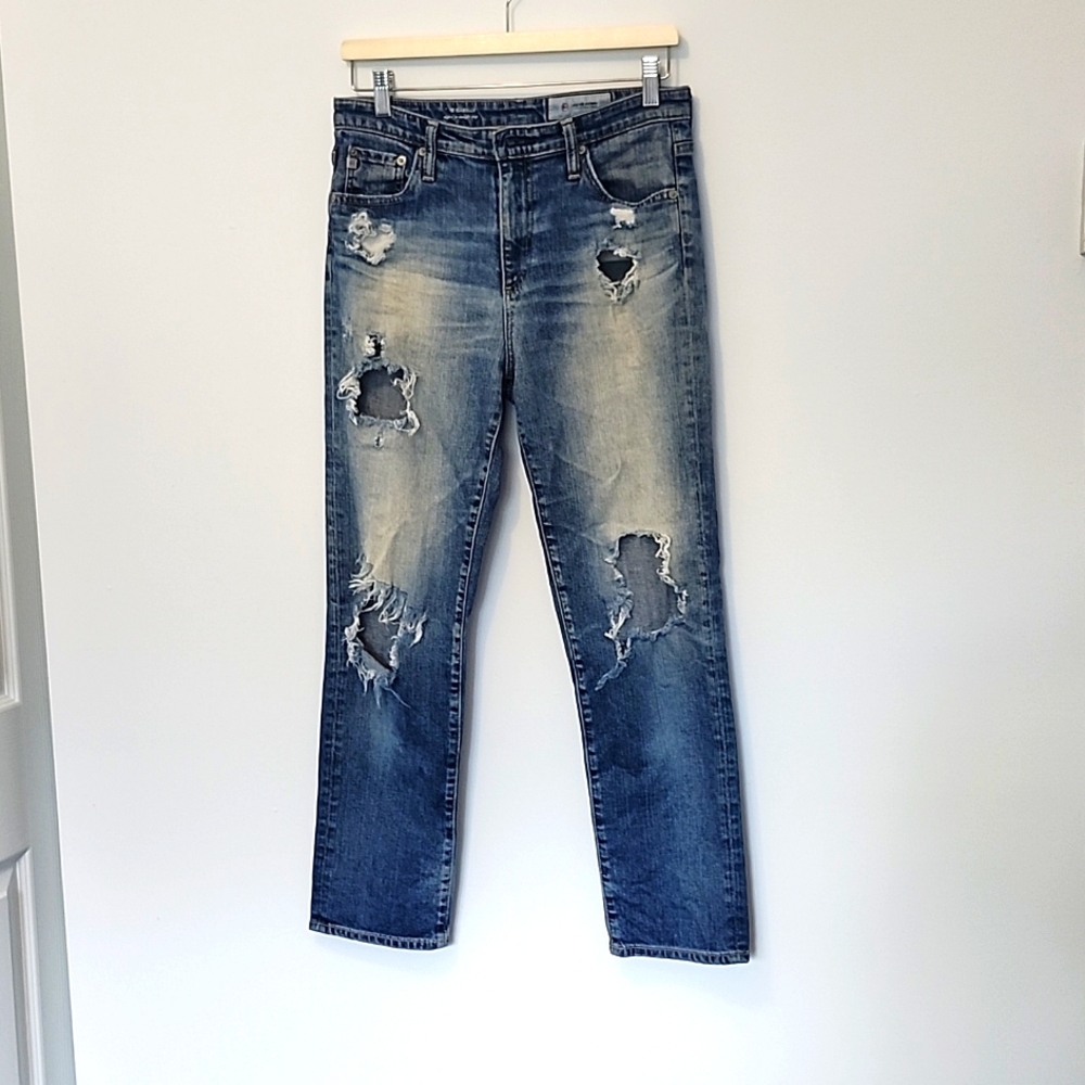 AG Adriano Goldschmied High Rise Distressed Blue Jeans